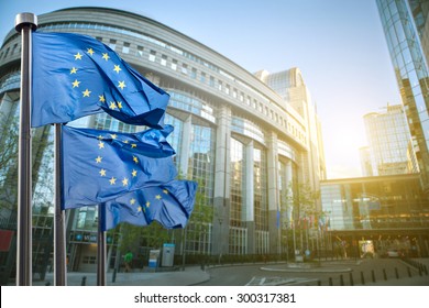 European Union Flag Against Parliament In Brussels, Belgium