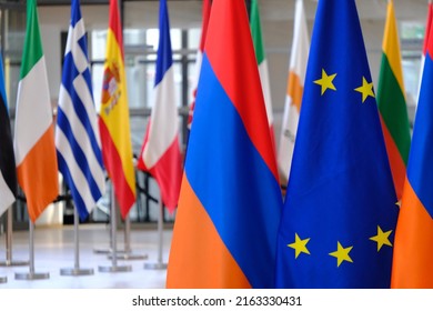 European Union Flag And Flag Of Armenia In European Council Building In Brussels, Belgium On May 22, 2021.