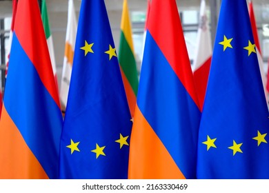 European Union Flag And Flag Of Armenia In European Council Building In Brussels, Belgium On May 22, 2021.