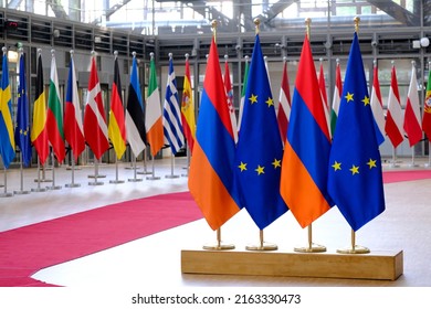 European Union Flag And Flag Of Armenia In European Council Building In Brussels, Belgium On May 22, 2021.