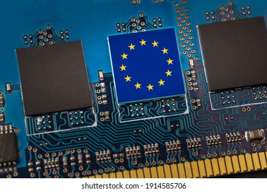 European Union Flag In The Center Of A Circuit Board. Concept Of Leadership In Technology, Artificial Intelligence Or Digital Cryptocurrencies