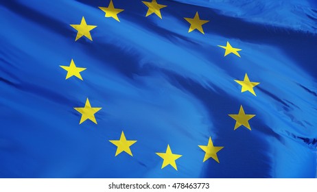 European Union Flag Waving Against Clean Blue Sky, Close Up, Isolated With Clipping Path Mask Alpha Channel Transparency