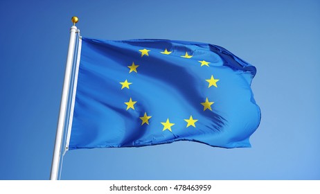 European Union Flag Waving Against Clean Blue Sky, Close Up, Isolated With Clipping Path Mask Alpha Channel Transparency