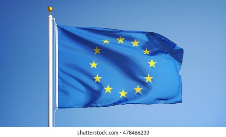 European Union Flag Waving Against Clean Blue Sky, Close Up, Isolated With Clipping Path Mask Alpha Channel Transparency