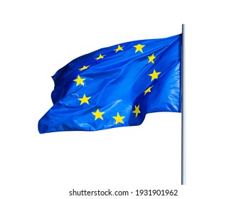 European union flag waving on pole, isolated on white background. EU flag.
