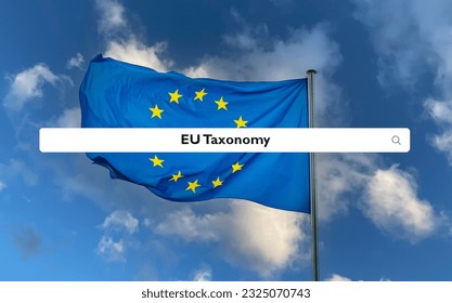 European Union flag waving with search bar and 'EU Taxonomy' search query - Shutterstock ID 2325070743