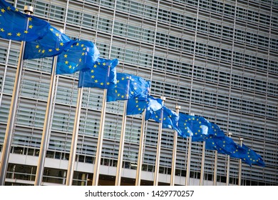 European Union Flags Near The European Commission In Brussels, Belgium.