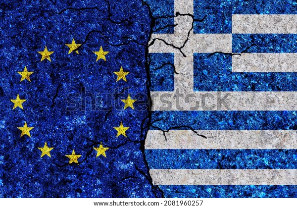 European Union and Greece painted flags on a\
wall with grunge texture. EU and Greece conflict. Greece and\
European Union flags together. EU vs\
Greece