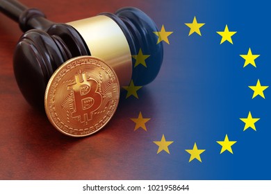 European union laws and crypto currency theme, bitcoin with gavel and eu flag - Shutterstock ID 1021958644