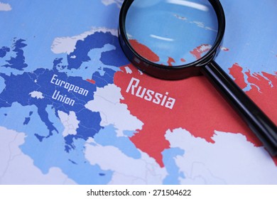 European Union And Russia Map With Magnifier Close Up