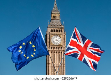 European Union And UK Flags In Front Of Big Ben, Brexit EU