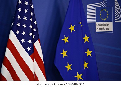 European and US flags in European Commission offices in Brussels, Belgium on May 2nd, 2019