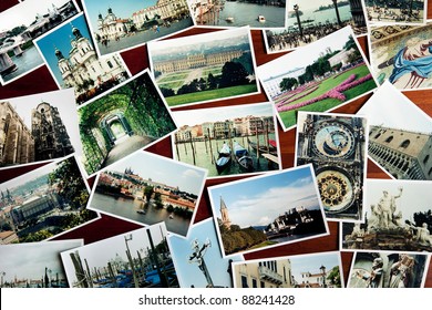 European Vacation Photos Spread Out On A Coffee Table