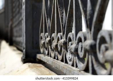 European Wrought Iron Gate, In Sweden Stockholm, Selective Focus,  In Dark Colors