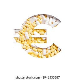 Euros Money Sign Made Of Pills, Vitamins, Supplements And Cut Paper Isolated On White. Typeface For Pharmacy