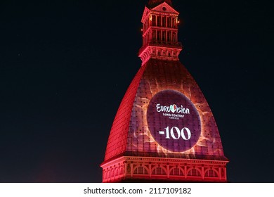 Eurovision Song Contest Logo Projected On The Mole Antonelliana. The 66th Edition Will Be Held In Turin In May . Turin, Italy - February 2022