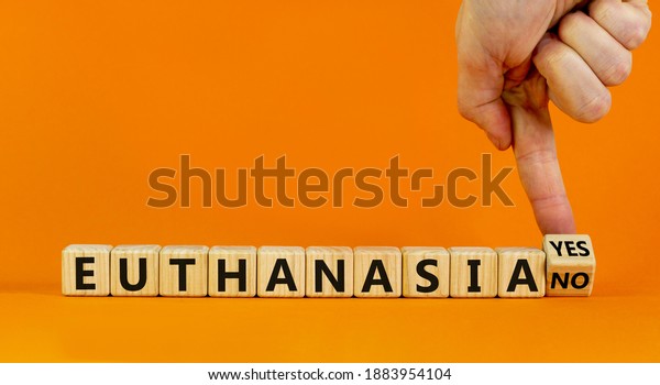 Euthanasia yes or no symbol. Male hand turns cubes\
and changes words \'Euthanasia yes\' to \'Euthanasia no\'. Medical and\
euthanasia yes or no concept. Beautiful orange background, copy\
space.