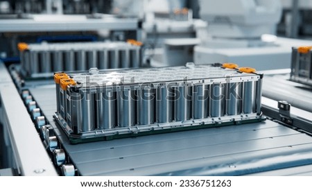 EV Battery Module for Automotive Industry on Production Line. Lithium-ion High-voltage Battery for Electric Vehicle or Hybrid Car. High Capacity Battery on Conveyor.
