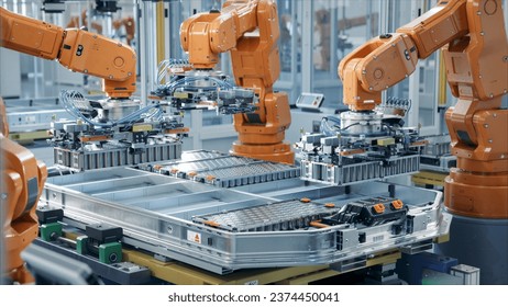 EV Battery Pack Automated Production Line Equipped with Orange Robot Arms. Electric Car Smart Factory. Row of Advanced Robotic Arms inside Bright Plant Assemble Batteries for Automotive Industry
