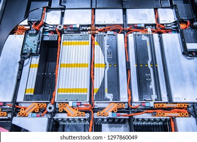 EV Car Battery Pack. Electric Car Lithium Battery Pack. Blue Toned. Car Maintenance.