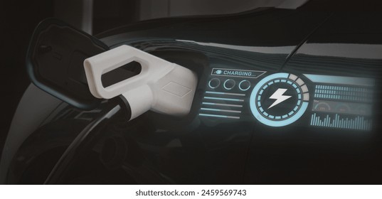 A EV car is charging at a charging station with virtual screen show power charging status and battery health. Eco electric vehicle technology and green energy concept. - Powered by Shutterstock