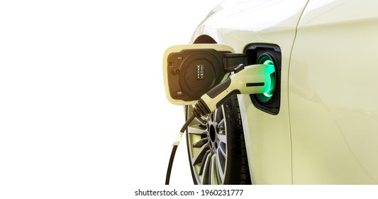 EV Car or Electric car at charging station with the power cable supply plugged in isolated on white background for you text.  - Shutterstock ID 1960231777
