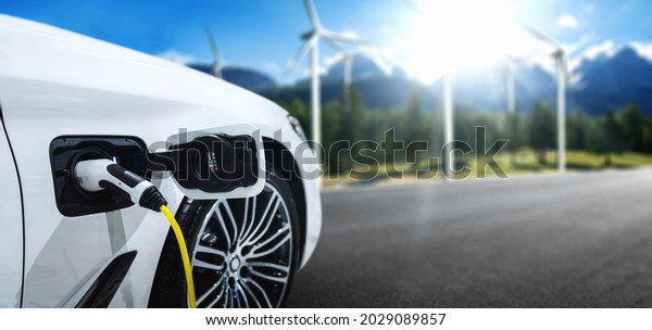EV charging
station for electric car in concept of green sustainable energy
produced from renewable resources to supply to charger station in
order to reduce CO2 emission
.