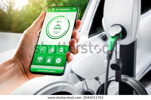 EV charging station for electric car with mobile app\
display charger status . The electric power is produced from\
sustainable resources to supply to charger station in order to\
reduce CO2 emission .
