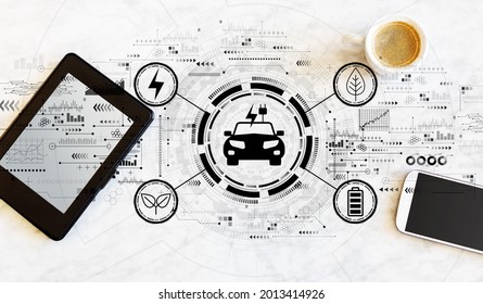EV concept with a tablet computer and smart phone