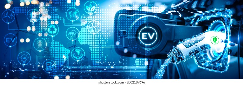 EV electric car charge battery energy with line triangle polygon, icon illustration vehicle green eco futuristic hybrid technology on blue cityscape panoramic background, environment friendly concept - Shutterstock ID 2002187696