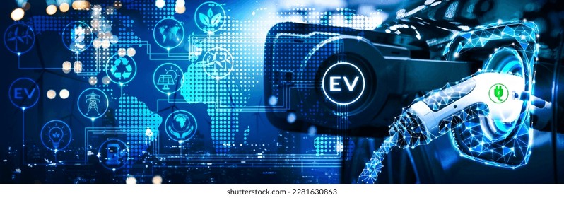 EV electric car charge battery energy with line triangle polygon, icon illustration vehicle green eco futuristic hybrid technology on blue cityscape panoramic background, environment friendly concept - Shutterstock ID 2281630863