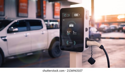 Ev electric vehicle charging station hub with visual icon screen display ui user self refueling interaction recharging, pump cable  eco energy environmental friendly transport industry automobile.