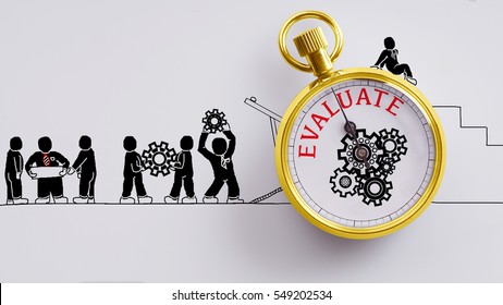 "Evaluate" words on pocket watch with workers doodles carry on cog and read plan to fix it on white background - business, time and finance concept