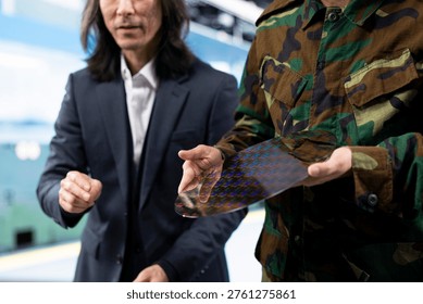 Evaluating microchip fab development, semiconductors close up and army man with management executive. Doing manufacturing plant tour, silicon wafer and military intelligence officer with manager