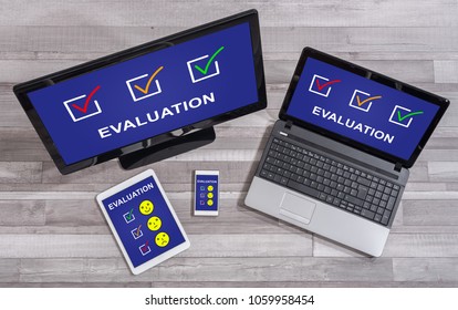 Evaluation concept shown on different information technology devices