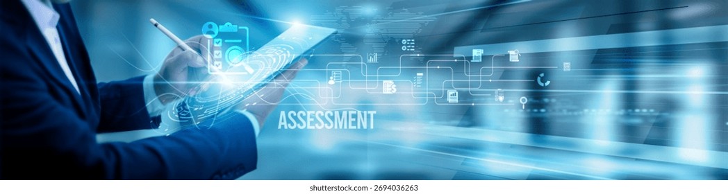 The evaluator team using a tablet and analysis assessment reports, scoring criteria compliance testing, performance automation feedback, benchmarking, analytics review, and monitoring outcomes.