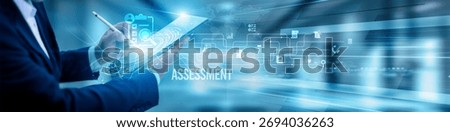 The evaluator team using a tablet and analysis assessment reports, scoring criteria compliance testing, performance automation feedback, benchmarking, analytics review, and monitoring outcomes.