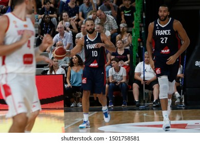 Evan Fournier Of France And Rudy Gobert Of France During Friendly Game Basketball Match Between France Vs Montenegro 8,15,2019 Astroballe Lyon France