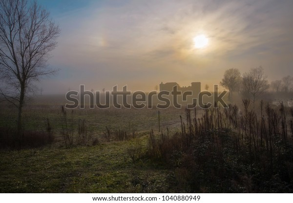 Evanescent Poetic Countryside Landscape Mist Backlit Stock Photo