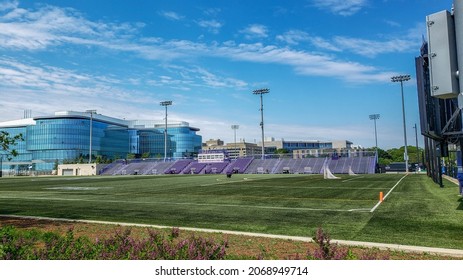 Evanston, IL, May 22, 2021, Northwestern University Lakeside Soccer Field With Kellogg Global Hub In The Background