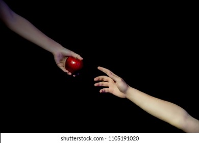 Eve Is Giving The Forbidden Fruit Apple To Adam On Black Background