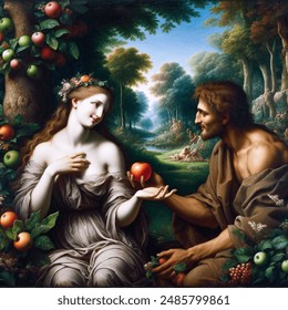 Eve offering Adam a red delicious apple, Eve with a beautiful smile looking bashful, Renaissance style, Garden of Eden, lush greenery, vibrant colors