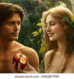 Eve offering Adam a red delicious apple with a bite out of the side, Eve having a beautiful smile showing her teeth, looking a little shy, bare shoulders with plants giving modesty, Renaissance style, European couple, lush garden, soft sunlight, detailed