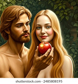 Eve offering Adam a red delicious apple with a bite out of the side, Eve having a beautiful smile showing her teeth, looking a little shy, bare shoulders with plants giving modesty, Renaissance style, European couple, lush garden, soft sunlight, detailed