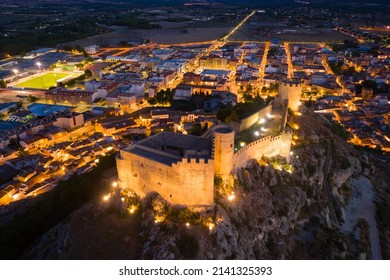 Evening Aerial View Of The Town Of Castalla And The Medieval Castle. Spain