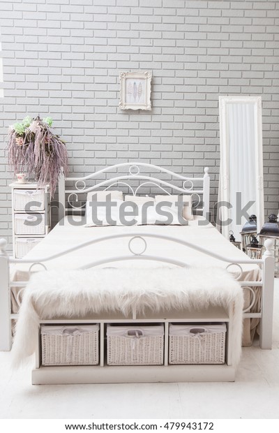 Evening Bedroom White Bed Big Mirror Stock Photo Edit Now