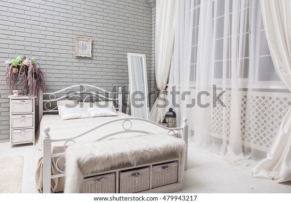 Evening Bedroom White Bed Big Mirror Stock Photo Edit Now