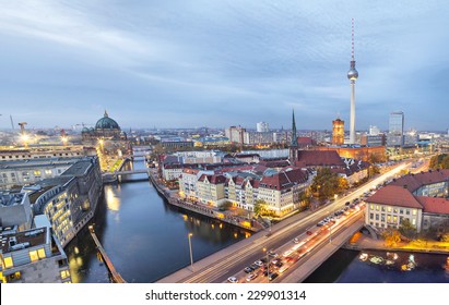 Evening in Berlin, aerial view (TV tower, river Spree, cathedral)