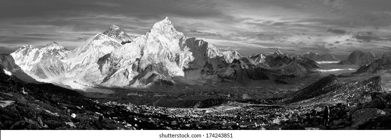 evening black and white panoramic view of Everest and Nuptse from Kala Patthar - trekking to Everest base camp - Nepal