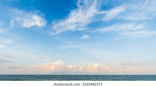 Evening blue sky clouds over sea, Horizon sea sky landscape nature Background